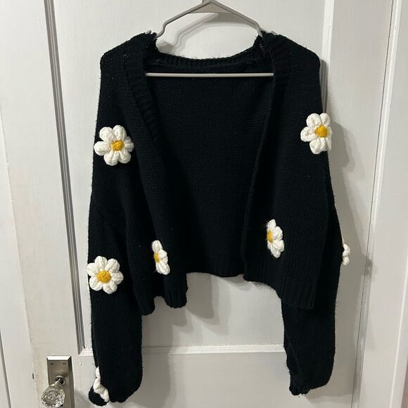 SHEIN Sweaters - Black Cardigan with Daisy Accents